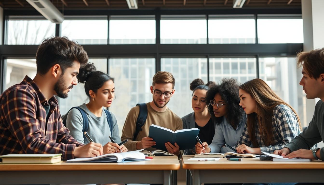 Students studying together in modern classroom